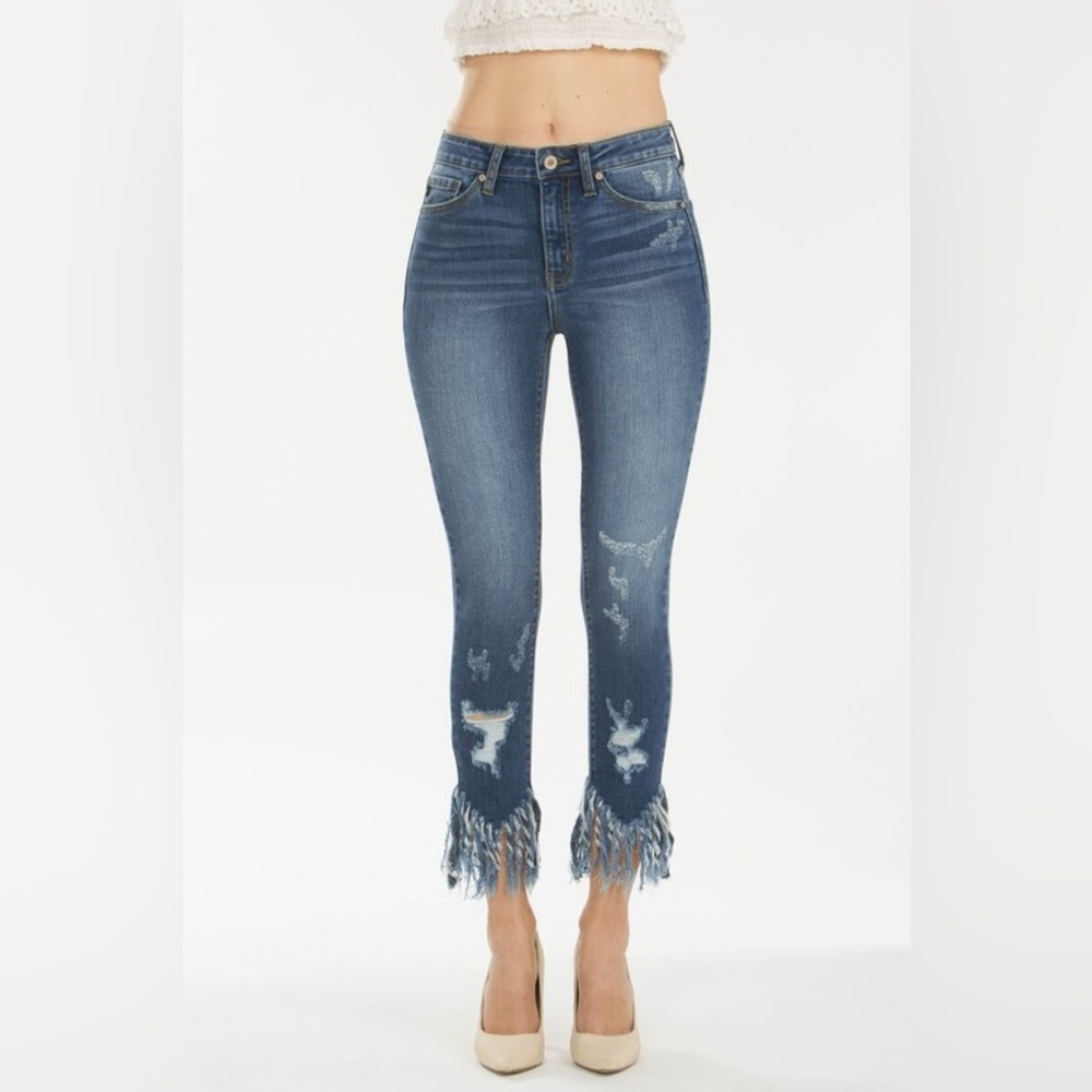 KanCan Ankle Length Distressed High Rise Skinny Jeans With Raw Frayed Hem Sz 13 - Picture 3 of 13